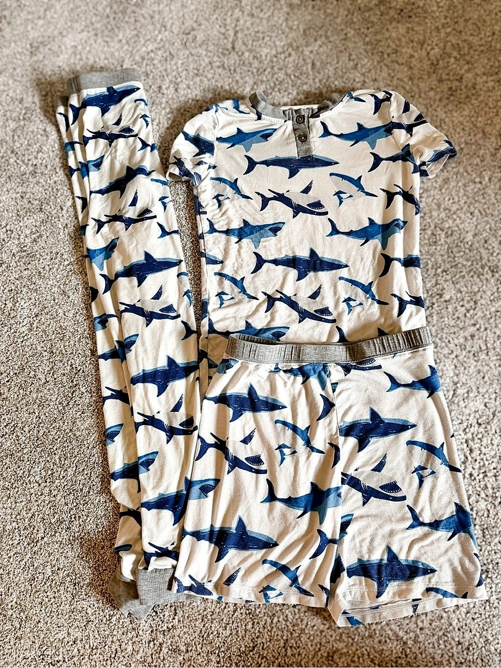 PatPat Shark Print Bamboo 3 piece Pj set kids Size 12 Like New